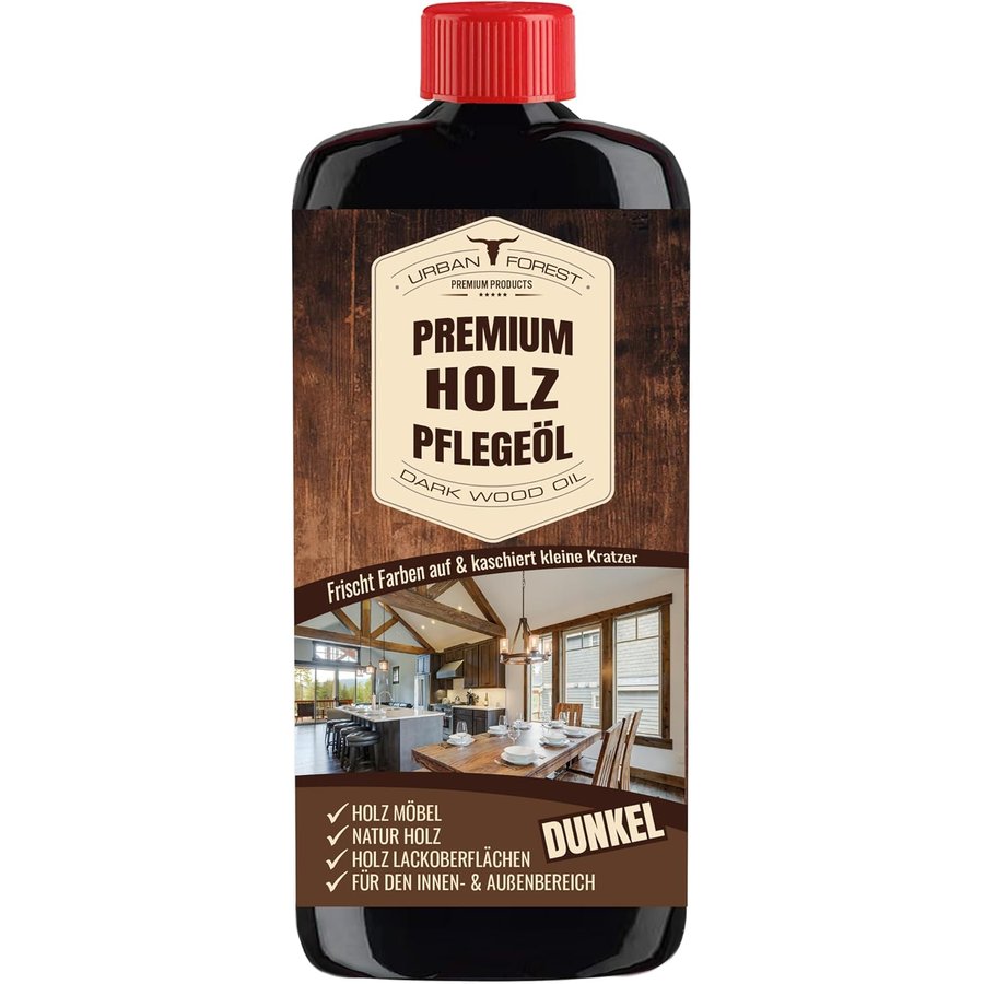 URBAN FOREST Premium Holz Pflegeöl dunkel, dunkle Flasche mit rotem Deckel