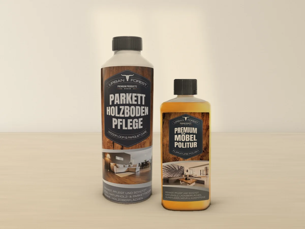 URBAN FOREST Parkett Holzboden Pflege und Premium Möbel Politur zusammen auf einer hellen Kalksteinplatte