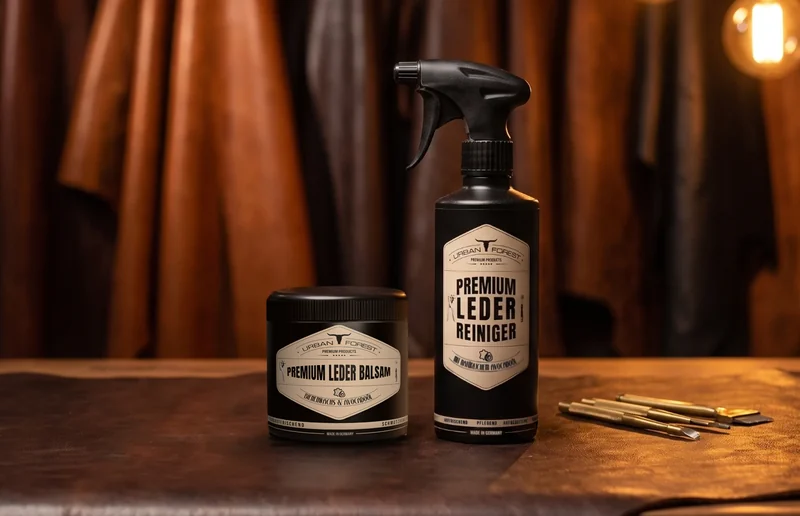 Eine schwarze Dose mit dem Etikett „Premium Leder Balsam“ und eine schwarze Sprühflasche mit dem Etikett „Premium Leder Reiniger“ stehen auf einem Werkstatttisch vor hängenden Lederhäuten.